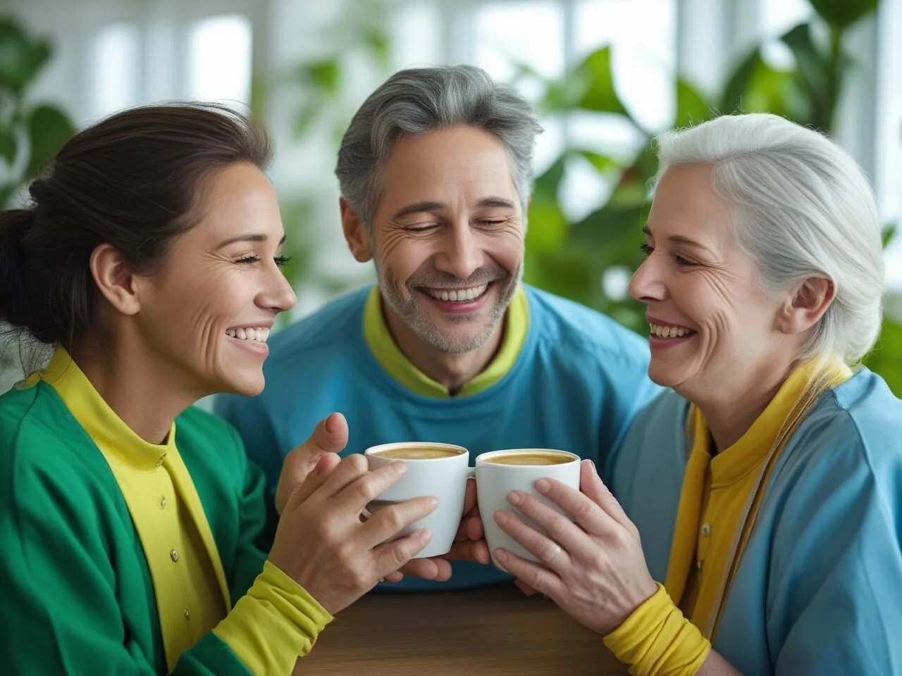 Drei Menschen trinken Kaffee und lachen.