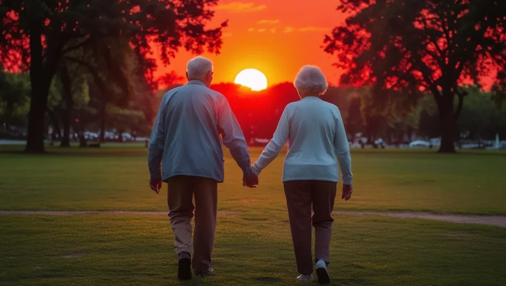 Zwei ältere Personen, geschätzt im Alter von 65 bis 80 Jahren, wahrscheinlich ein Mann und eine Frau, gehen sich in einem Park bei Sonnenuntergang entgegen. Sie halten sich an den Händen.
