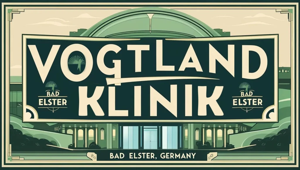 Ein grafisches Kunstwerk im Stil des Art déco, das eine Klinik in Bad Elster, Deutschland, darstellt, hauptsächlich in Grün- und Cremetönen gehalten.