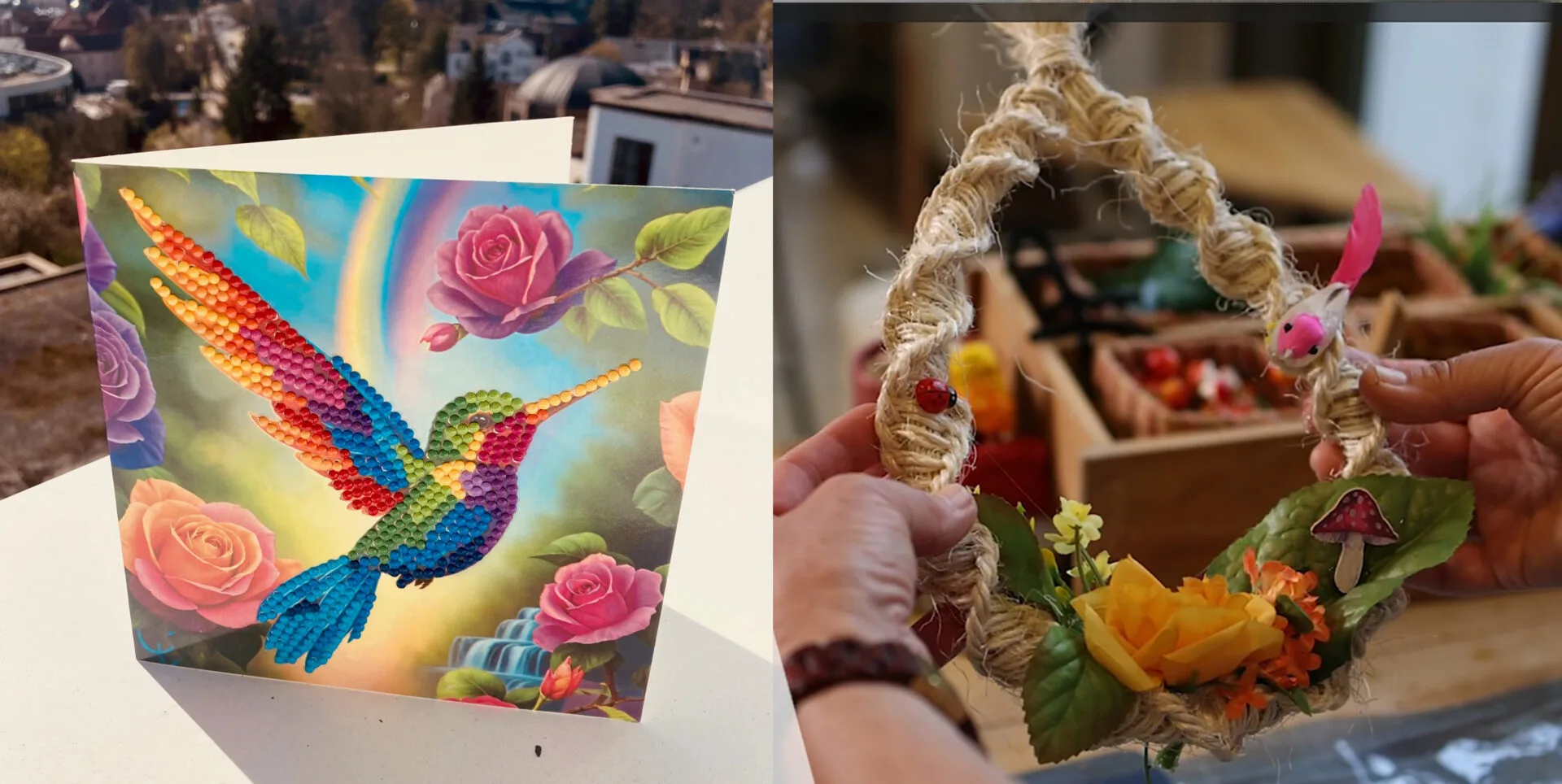 Bild zeigt eine Grußkarte mit einem Kolibri und eine geflochtene Dekoration.