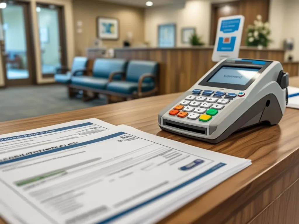 Das Bild zeigt eine Empfangstheke mit einem Kartenterminal und Dokumenten im Vordergrund. Im Hintergrund sind ein Wartebereich mit Stühlen und eine Rezeption erkennbar.