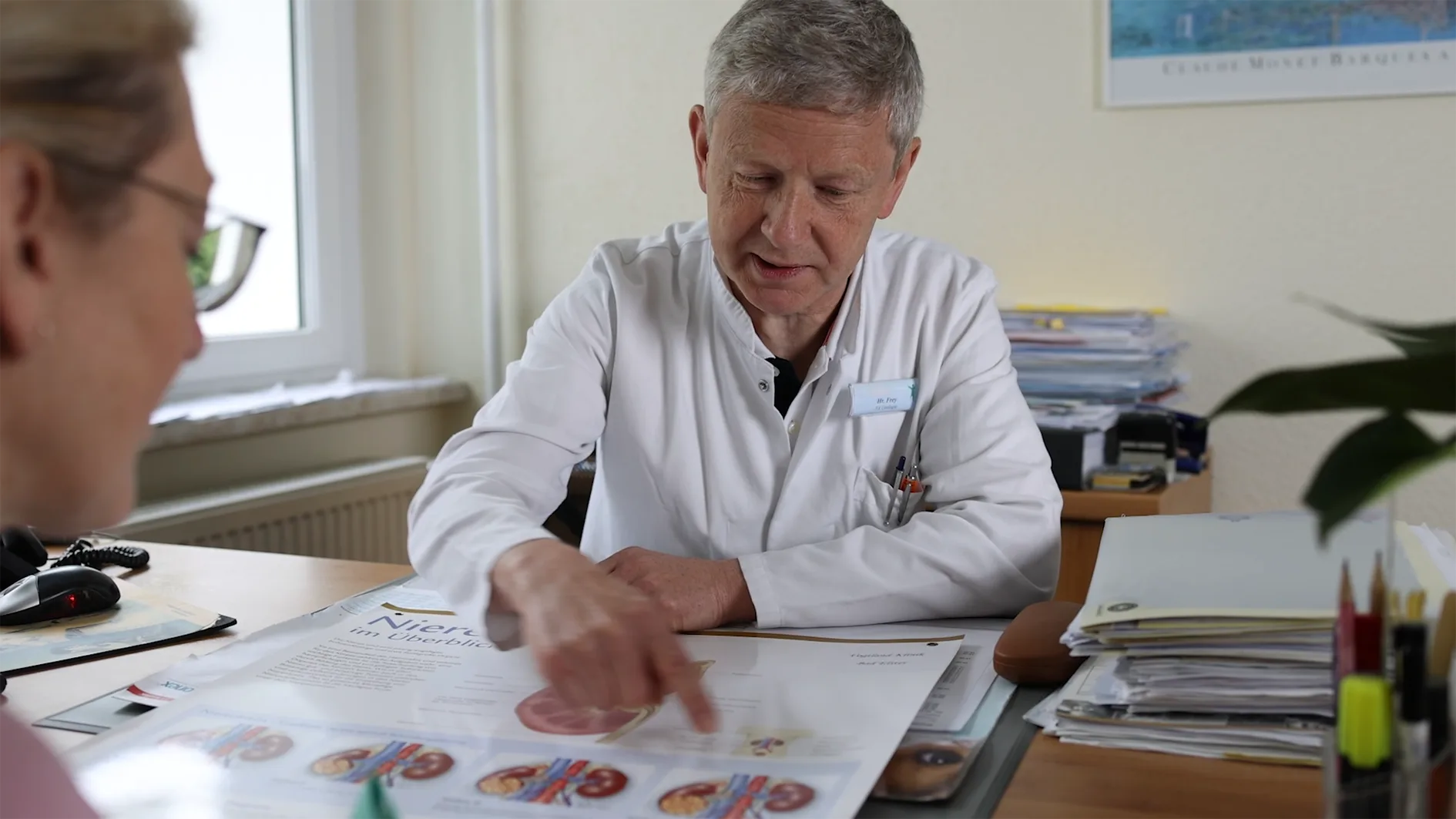 Das Bild zeigt einen Arzt in einem weißen Kittel, der an einem Schreibtisch sitzt und auf ein medizinisches Diagramm zeigt, das Nieren darstellt (erkennbar am Titel "Nieren im Überblick"). Eine Patientin oder ein Patient ist unscharf im Vordergrund von hinten zu sehen.