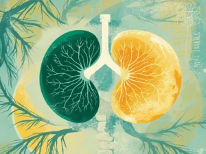 Das Bild zeigt eine stilisierte Darstellung von zwei Nieren, die in Grün und Gelb gehalten sind. Die Nieren sind anatomisch detailliert, mit einem Netzwerk von Adern, das an die Äste eines Baumes erinnert. Der Hintergrund ist ein pastellfarbenes Grün-Blau mit dezenten, baumartigen Strukturen, die sich über das gesamte Bild verteilen. Der Stil ist eher abstrakt und künstlerisch als realistisch.