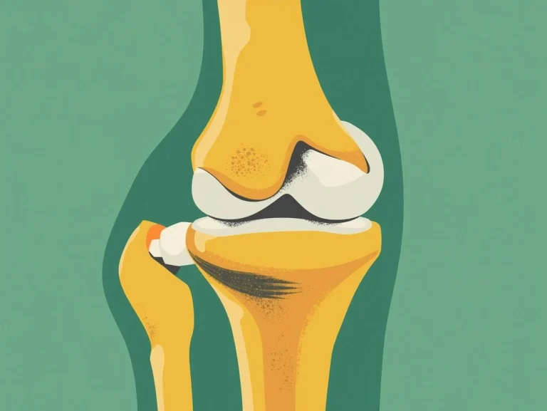 Eine Illustration der Anatomie des menschlichen Knies, die die Knochen und Knorpel in einem detaillierten, aber stilisierten Format zeigt. Der Hintergrund ist ein klarer, einfarbiger grünlicher Farbton, der einen Kontrast zu den warmen Gelb- und Cremefarben der Knochen und des Knorpels bildet.