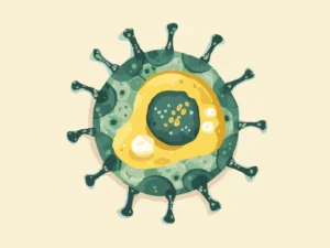 Das Bild zeigt eine stilisierte Darstellung eines Virus. Es ist in grün-gelben Tönen gehalten und wirkt eher abstrakt als realistisch. Die Darstellung ist vereinfacht und betont die charakteristische Form eines Virus mit seinen Stacheln.