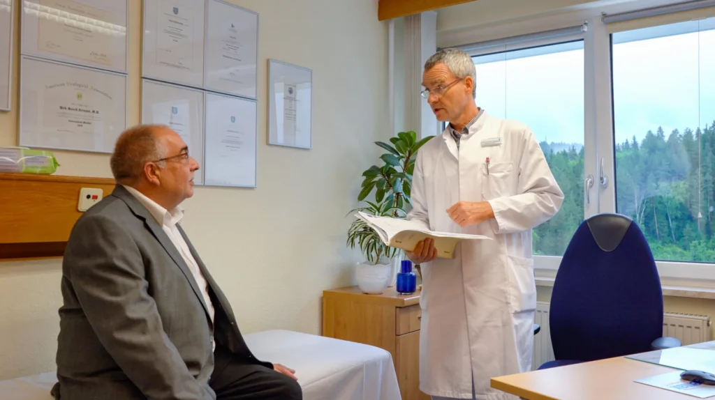 Der Inhalt des Bildes ist ein Arztzimmer, in dem ein Arzt, der einen weißen Laborkittel trägt und ein medizinisches Buch hält, mit einem sitzenden Patienten spricht. Im Hintergrund sind eingerahmte Zertifikate an der Wand zu sehen, darunter eines der "American Urological Association". Ein großes Fenster im Raum bietet einen Blick auf einen Wald.