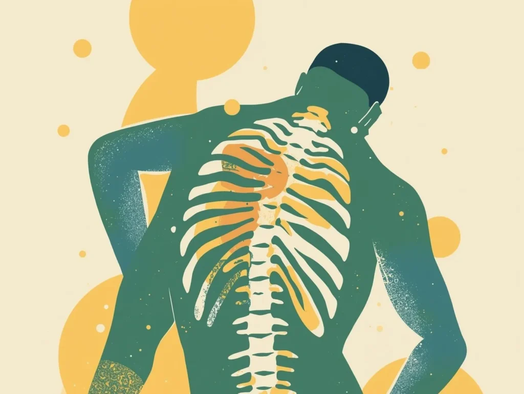 Das Bild zeigt eine Person von hinten, wobei ein Teil des Skeletts, insbesondere der Brustkorb und die Wirbelsäule, durch die Haut sichtbar ist. Die Person scheint ihren Kopf zur Seite geneigt zu haben und eine Hand auf der Schulter oder im Nacken zu halten, was auf Schmerzen oder Unbehagen in diesem Bereich hindeuten könnte. Der Stil ist minimalistisch mit einer begrenzten Farbpalette (Dunkelgrün, Gelb- und Cremetöne) und abstrakten kreisförmigen Formen im Hintergrund.